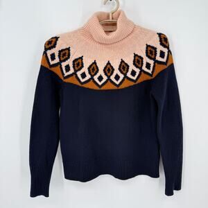 J Crew 100% Wool Turtleneck Sweater Fair Isle Navy Size Small
